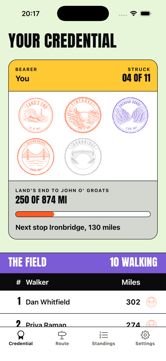 The Scuttle app showing a credential card with four of eleven stamps struck, and the leaderboard below it