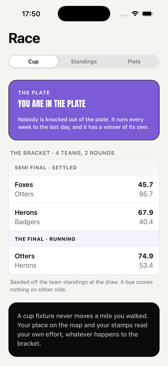 The Scuttle cup screen, showing the bracket, a running final and the plate league