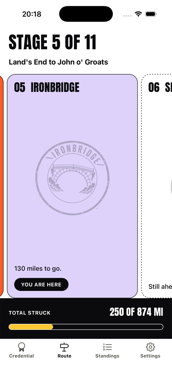 The Scuttle route screen, landmarks passed and the next one ahead